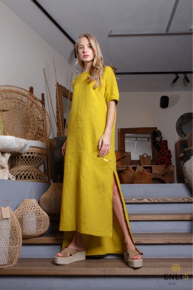 Geltona, ilga lininė suknelė trumpomis rankovėmis VENDI
